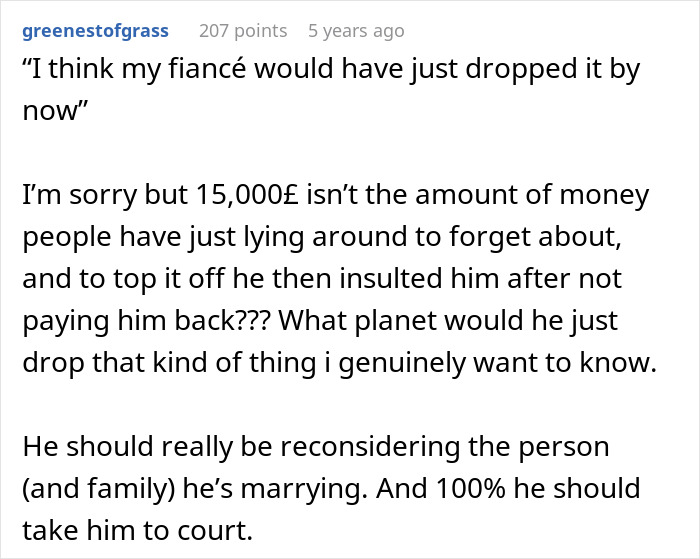 Comment discussing bride&rsquo;s family wanting to call off wedding after fianc&eacute; threatens legal action against her brother.