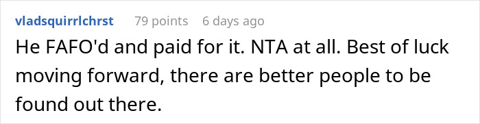 Screenshot of a comment discussing a woman who exposes the cheaters after discovering her boyfriend has a wife and six kids.