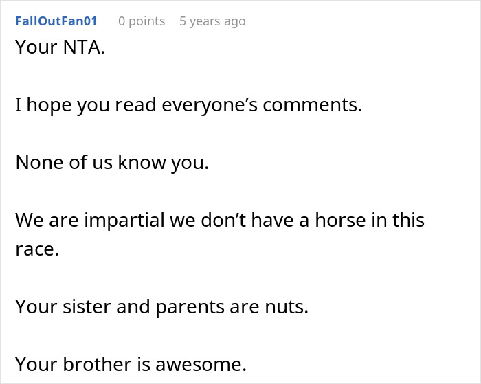 Text comment criticizing parents demanding woman give up amazing career opportunity for spoiled golden-child sister.