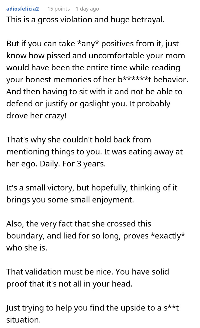 Comment discussing a woman&rsquo;s betrayal and distrust after her mom spied on her therapy sessions.