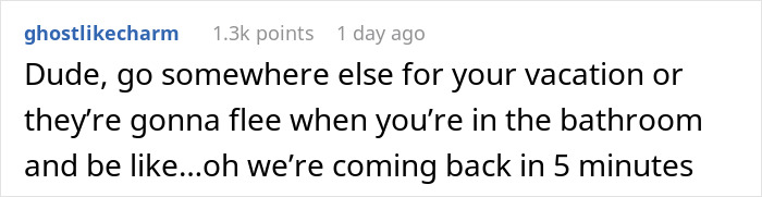 Text comment on a social media post about refusing babysitting during vacation, sparking debate on being selfish with a life.