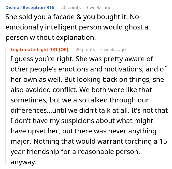 Screenshot of a forum discussing emotional intelligence and the impact of no contact between best friends.