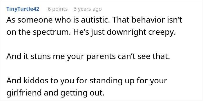 Comment from an autistic user discussing ignored creepy behavior of an autistic brother by entitled parents.