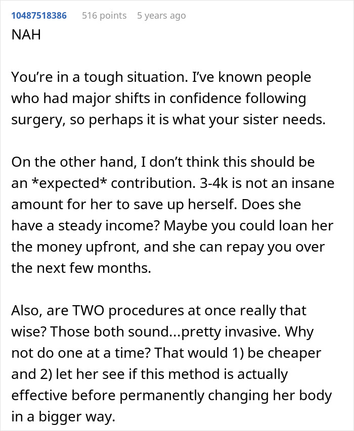 Comment discussing sister's $4k plastic surgery request and considering body dysmorphia recovery and financial fairness.