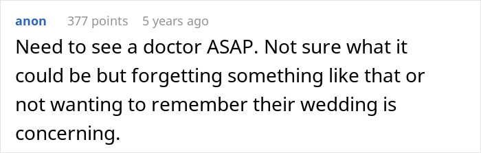 Comment expressing concern about a husband bewildered as his wife seems to forget they got married.