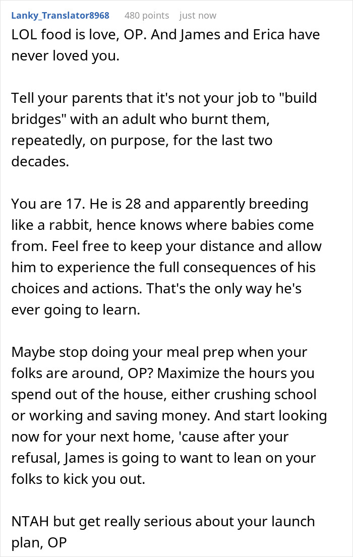 Comment advising a sibling to set boundaries with a golden child brother entitled to free meals and to focus on their own independence.