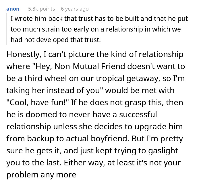 Text conversation discussing trust issues and relationship struggles after a guy refuses to accept break-up post romantic trip. Text conversation discussing trust issues and relationship struggles after a guy refuses to accept break-up post romantic trip.