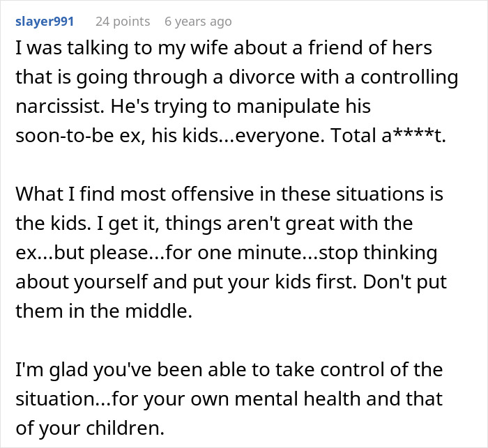 Text post discussing a woman dealing with a toxic ex and his constant threats, focusing on manipulation and parental impact.