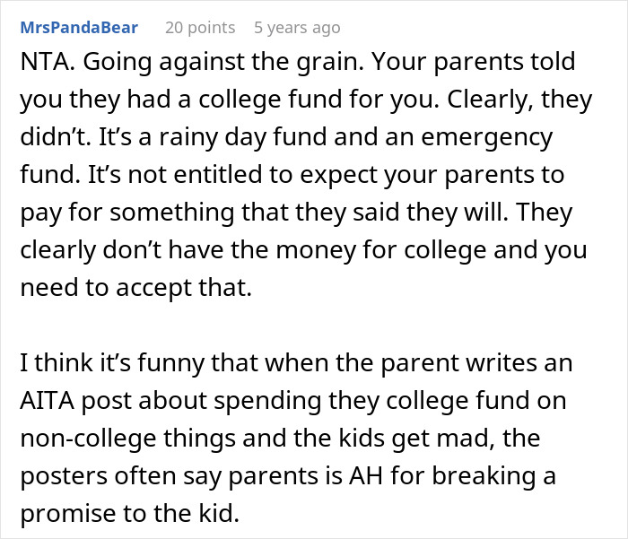 Comment discussing parents planning to use teen's college fund for cat surgery, and teen refusing the plan.