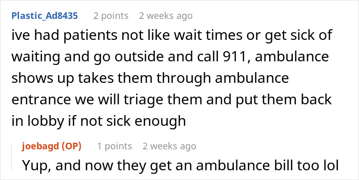 Comment discussing patient complaints about ER wait times and calling 911, leading to ambulance and triage procedures.