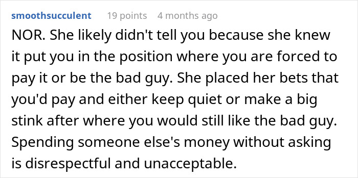 Comment on Reddit discussing a rich man refusing to pay for a cake his sister-in-law ordered without telling him.
