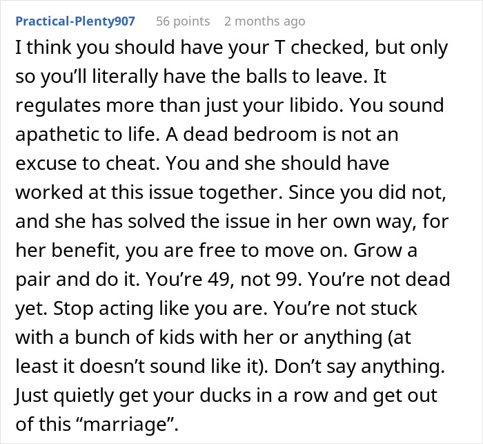 Reddit comment discussing husband refusing intimacy for 5 years and wife finding someone 5 years younger.