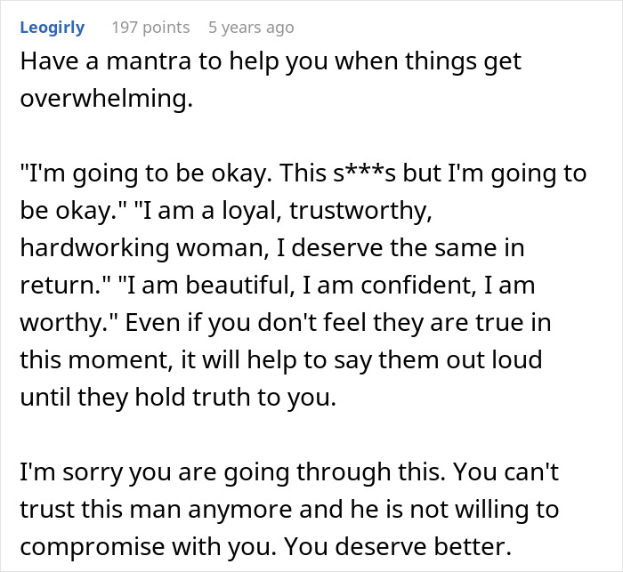 Screenshot of an online comment sharing an inspiring mantra from a woman overcoming a cheating husband. Screenshot of an online comment sharing an inspiring mantra from a woman overcoming a cheating husband.