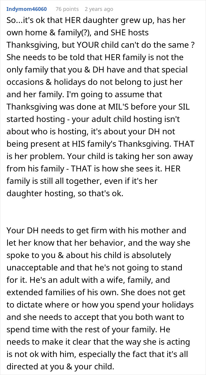 Comment discussing a woman wanting to celebrate Thanksgiving with her kid while her MIL strongly objects and causes conflict.