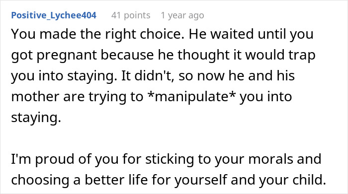 Comment highlighting a husband's cheating during pregnancy and postpartum, and the wife's choice to leave for a better life.