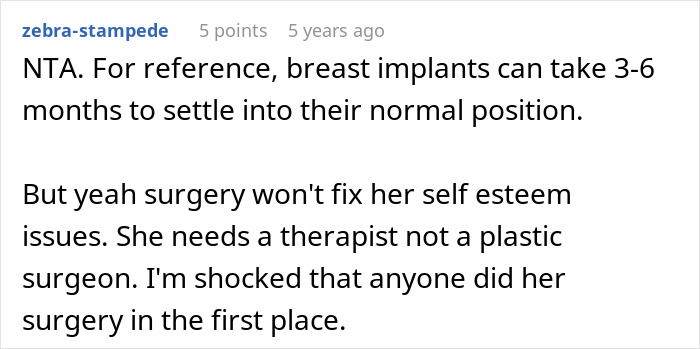 Comment discussing how plastic surgery won&rsquo;t fix self-esteem issues and suggesting therapy over surgery for women&rsquo;s concerns.