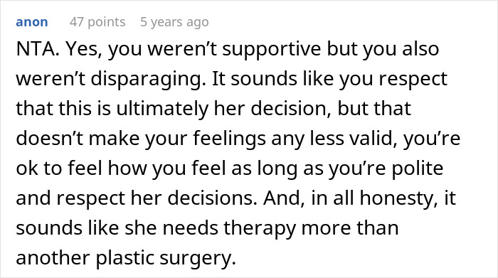 Comment discussing husband&rsquo;s honesty about wife&rsquo;s plastic surgeries and the importance of respecting feelings and decisions.