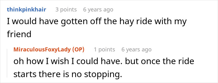 Screenshot of a forum discussion about parents on a haunted hayride abandoning their scared kids to strangers.