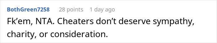 Reddit comment on cheating husband furious at ex-wife ignoring mistress's infertility, stating cheaters don't deserve sympathy. Reddit comment on cheating husband furious at ex-wife ignoring mistress's infertility, stating cheaters don't deserve sympathy.