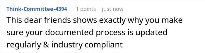 Screenshot of a forum comment emphasizing the importance of keeping documented processes updated and industry compliant in the office.