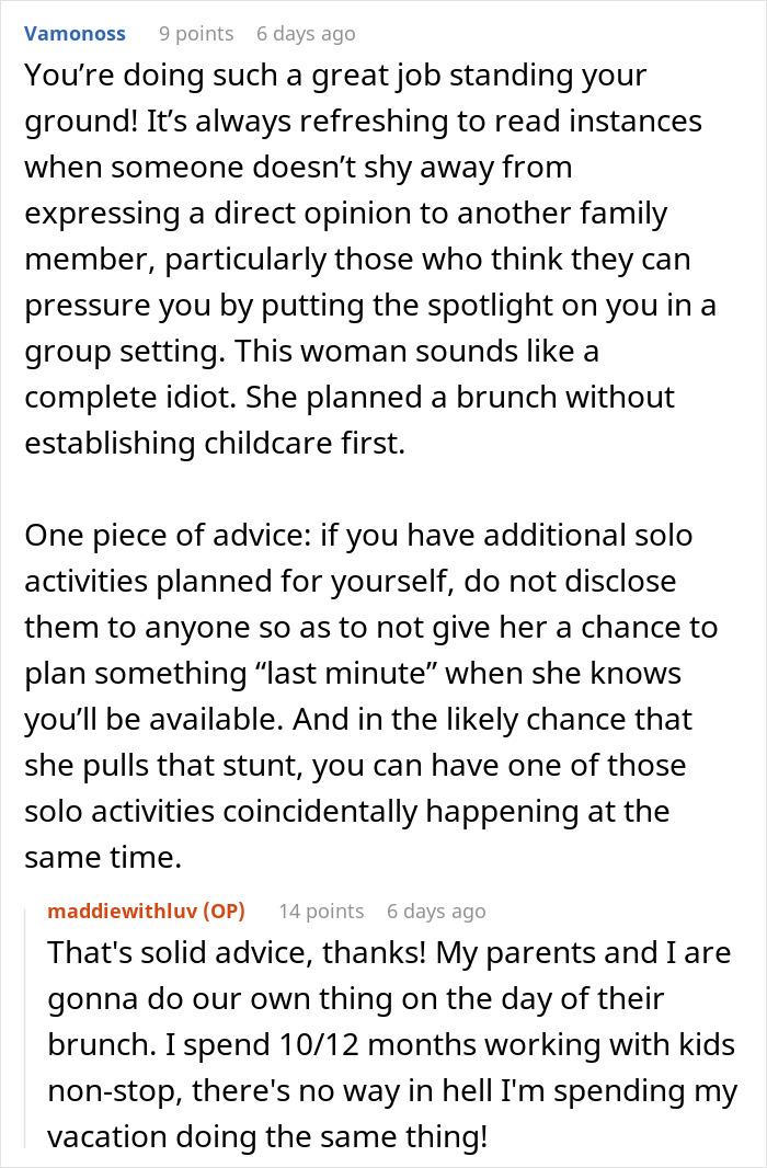 Screenshot of a Reddit conversation about family trying to dump kids on a childfree cousin during vacation.