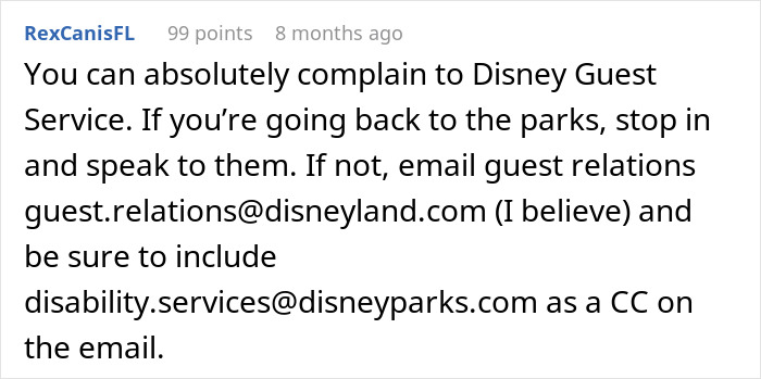 Comment about Disneyland guest service advice on disability and service dog email contacts for security questions.