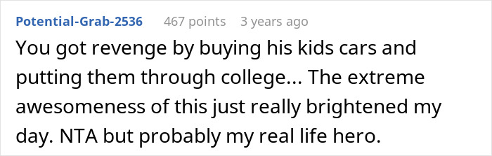 Screenshot of an online comment praising a woman accused of flexing wealth after giving stepsiblings cars and cash.