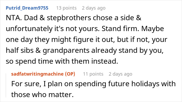 Reddit comments discussing a Thanksgiving dispute involving a woman’s remarks about her stepdaughter’s sexuality. Reddit comments discussing a Thanksgiving dispute involving a woman’s remarks about her stepdaughter’s sexuality.
