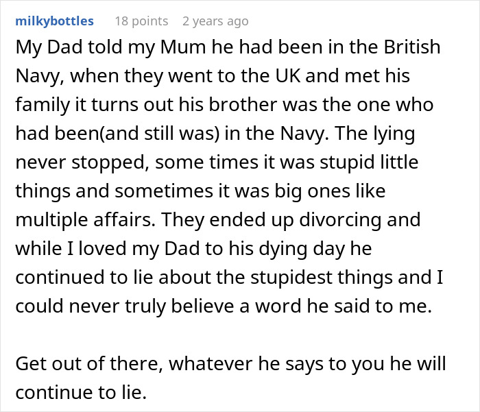 Comment discussing a man lying repeatedly, including about a master&rsquo;s degree, leading to divorce after wife uncovers truth.