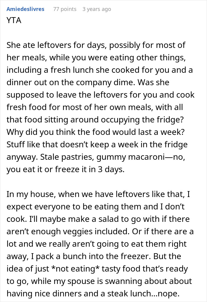 Comment discussing a man snapping at his girlfriend after she eats all the leftovers, mentioning weight gain and food habits.