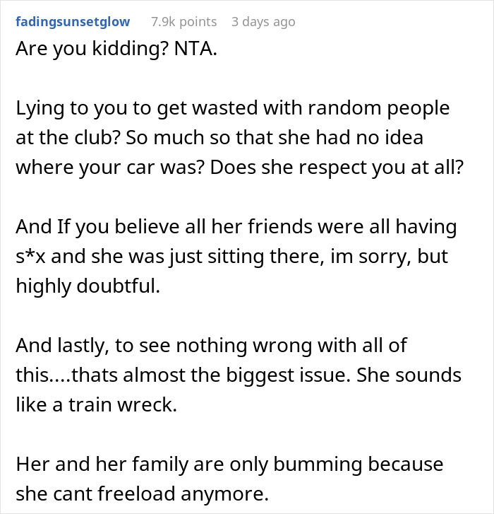 Comment discussing a man kicking out his girlfriend after discovering she secretly went clubbing and lost his car.