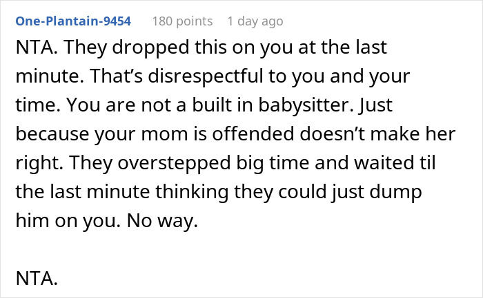 Comment discussing how boyfriend is not a free babysitter and is shocked after he finally snaps about responsibility.