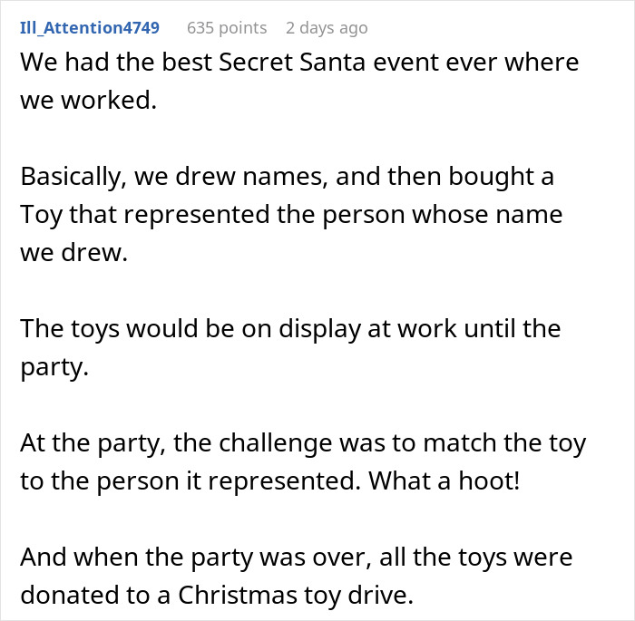 Reddit post describing a Secret Santa event with toy gift matching and a Christmas toy drive at work.