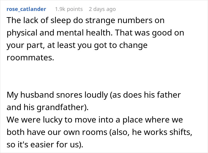Text showing a Reddit comment about how snoring affects sleep and the impact on physical and mental health.