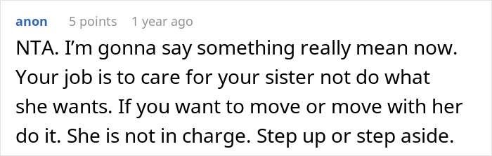 Comment expressing frustration from a caretaker snapping at sister after years of sacrificing career and guilt trips.
