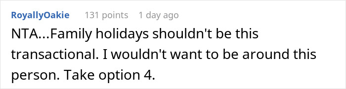 Comment expressing that family holidays shouldn't be transactional and refusing to bring expensive food for Thanksgiving.
