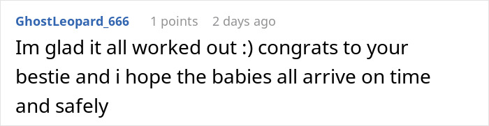 Screenshot of a comment expressing congratulations and well wishes for babies to arrive safely amid cousin's family stealing spotlight drama.