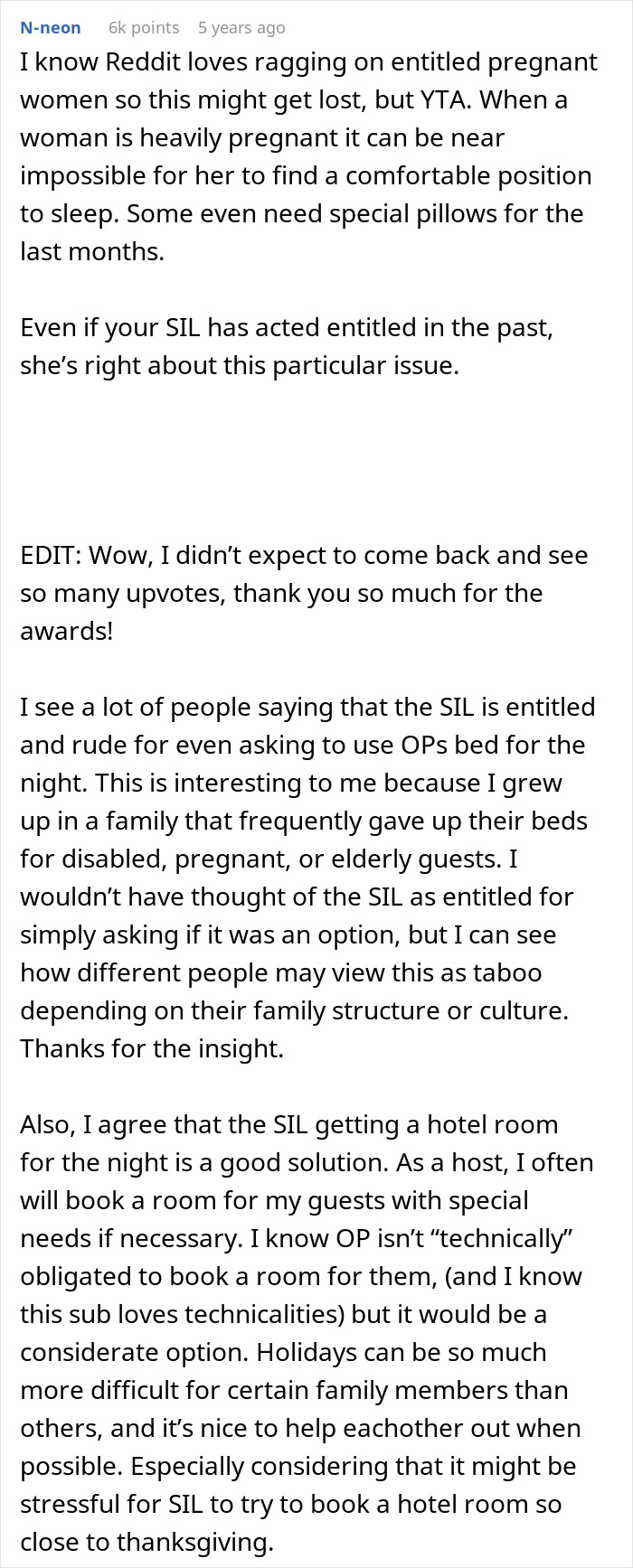 Reddit comment discussing pregnant SIL offended over being given an air mattress and calling dibs on the couple&rsquo;s room.