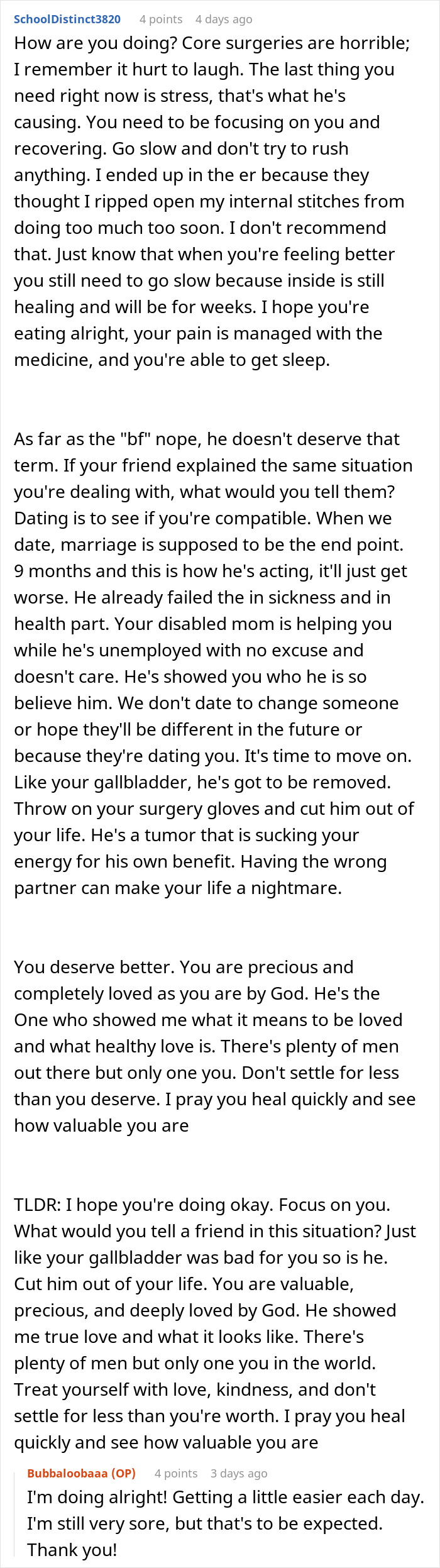 Supportive message about girlfriend needing a boyfriend upgrade after surgery with no calls or visits from boyfriend