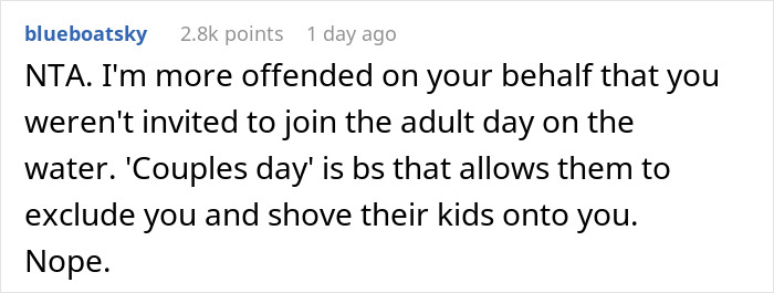 Comment on Reddit post about refusing babysitting on vacation, accused of being selfish for having a life.