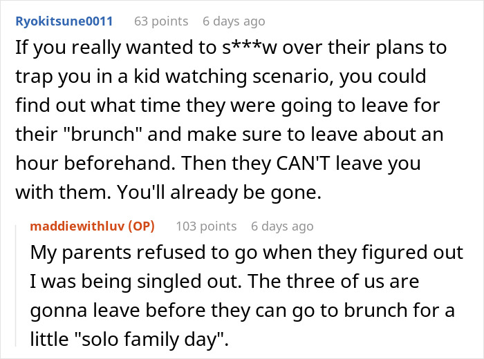 Screenshot of a conversation about a family trying to dump kids on a childfree cousin during vacation conflicts.