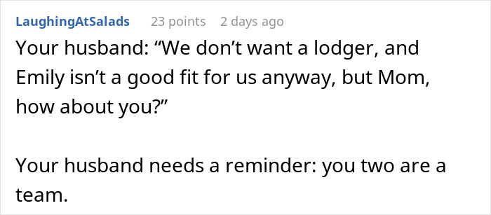 Text post showing a discussion about a woman refusing to let homeless sister-in-law move in, involving family conflict.