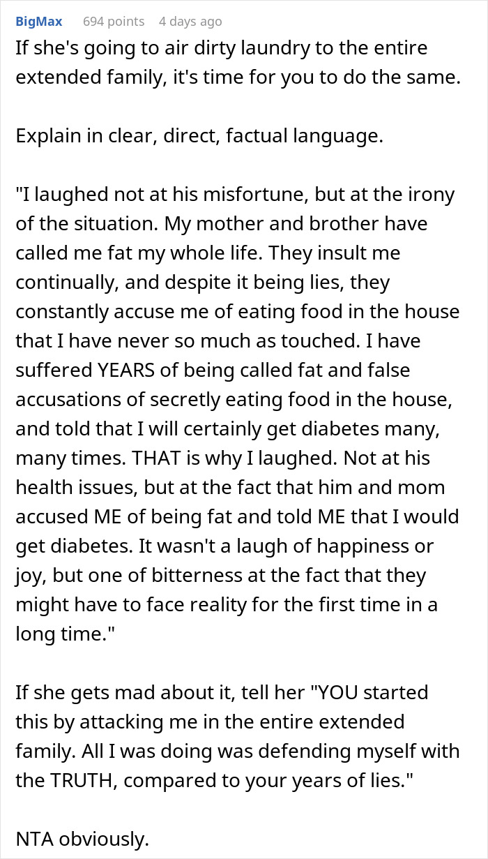 Commenter&rsquo;s perspective on sibling mockery over weight and diabetes, highlighting irony and family conflict.