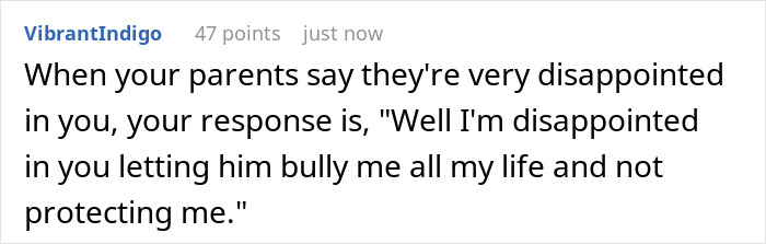 Comment text about a scapegoat sibling standing up against a golden child brother&rsquo;s entitlement to free meals.