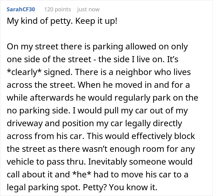 Comment about male Karen refusing to park properly and neighbor taking revenge by blocking the street with his car.