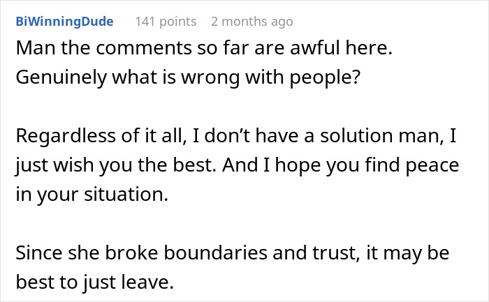 Screenshot of a comment discussing husband refusing intimacy for years and wife finding someone younger after trust is broken.