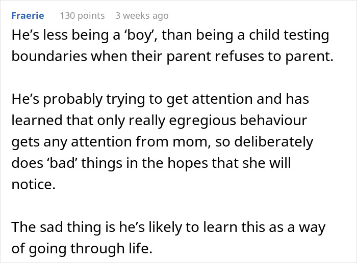 Comment discussing a mom refusing to discipline her son for bullying, blaming his behavior on his gender.