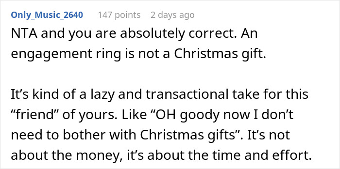 Comment discussing why a proposal or engagement ring should not count as a Christmas gift, explaining effort matters more.