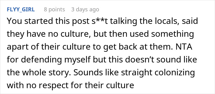 Comment discussing a woman&rsquo;s unexpectedly savage revenge on a petty neighbor involving cultural disrespect and retaliation.