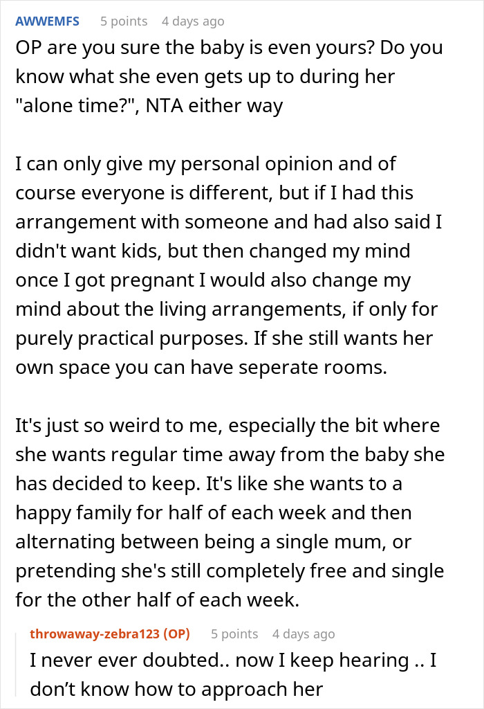 User discussing doubts about child's paternity and pregnant girlfriend refusing move together, seeking advice on relationship challenges.